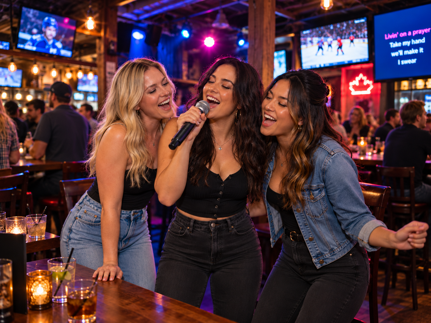 Three friends singing together with a microphone in a sports bar