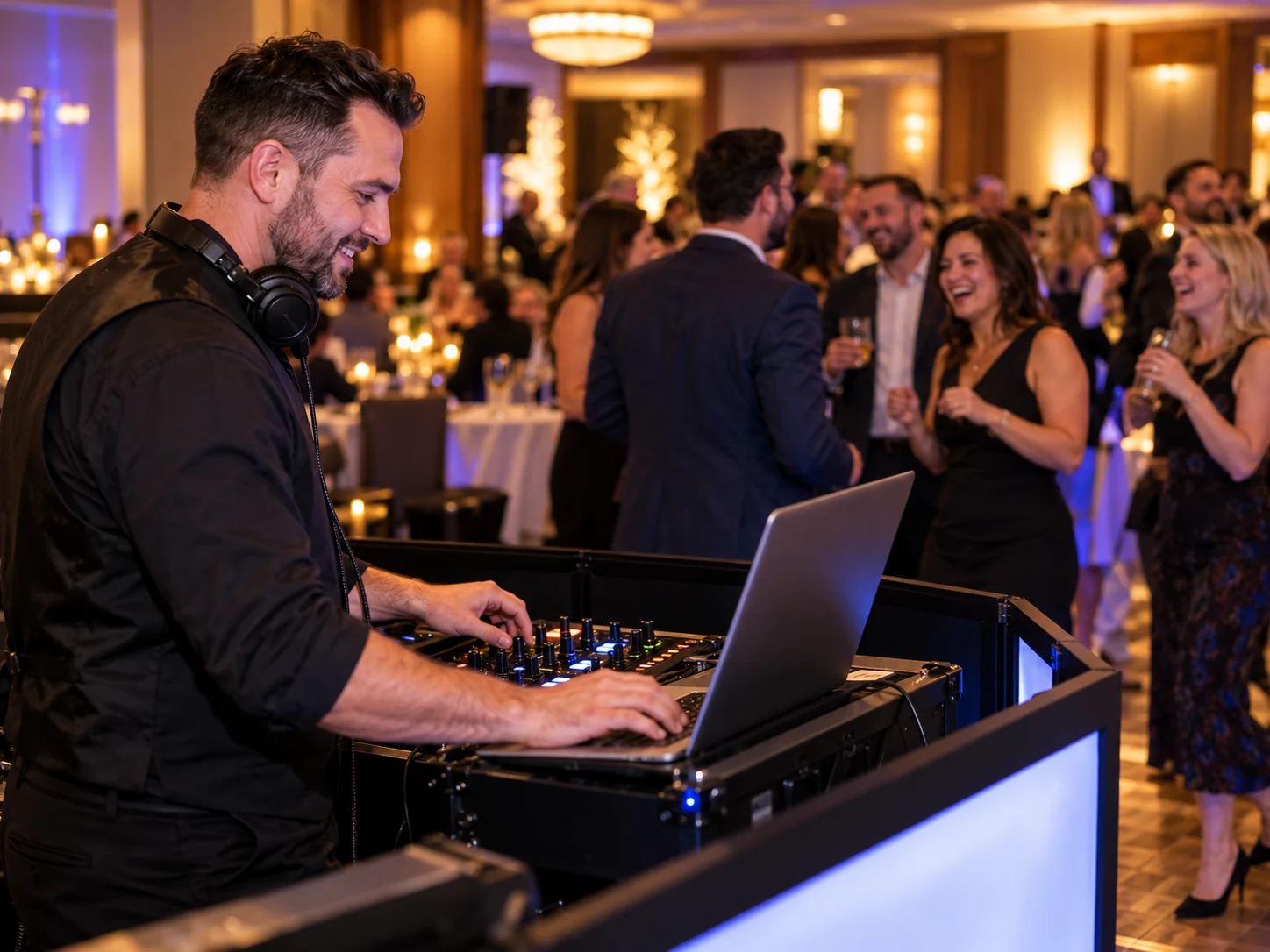 DJ working with a laptop and compact mixer during a banquet event