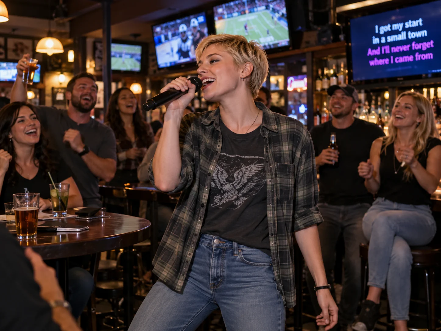 Woman with short blonde pixie haircut singing karaoke in a sports bar as patrons cheer