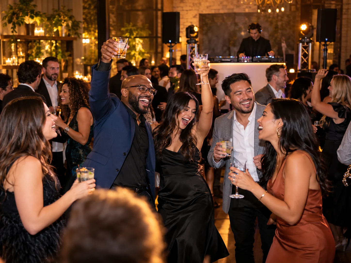 Guests enjoying a staff celebration with dancing and DJ entertainment