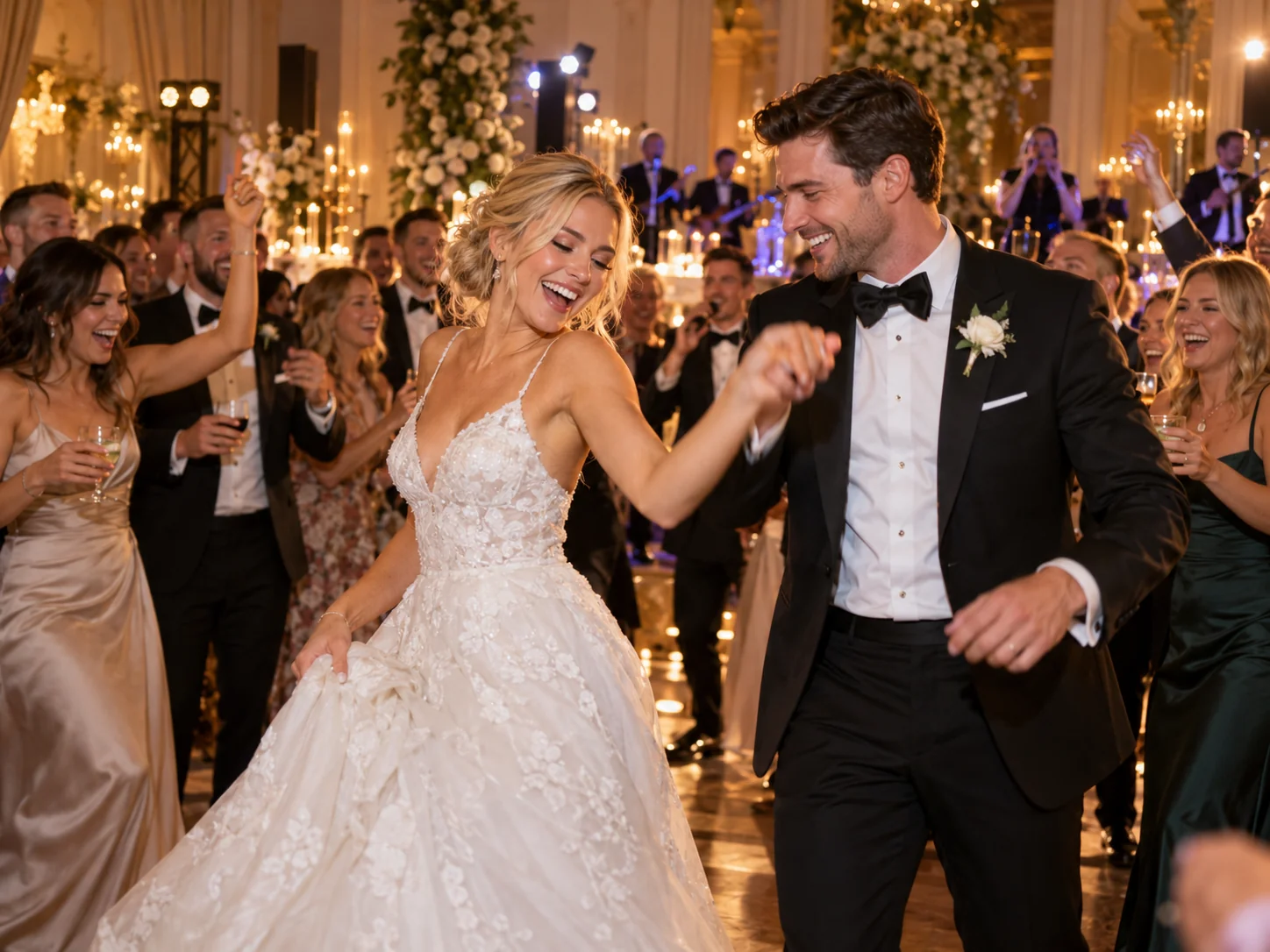 Wedding guests dancing together at an indoor reception