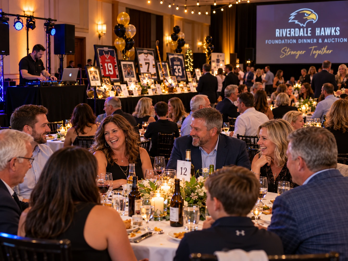 Guests at a sports-team fundraising banquet with event entertainment