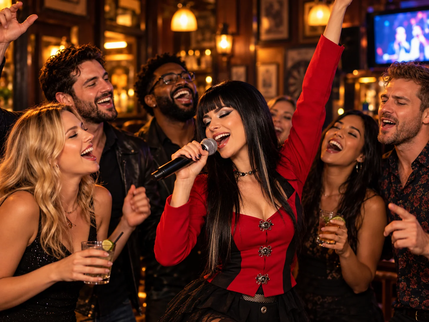 Woman in red singing karaoke with friends at a lively pub party