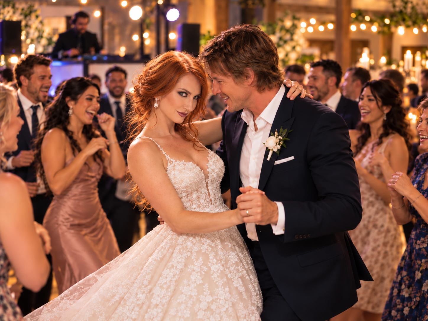 Red-haired bride and groom dancing at a lively wedding reception