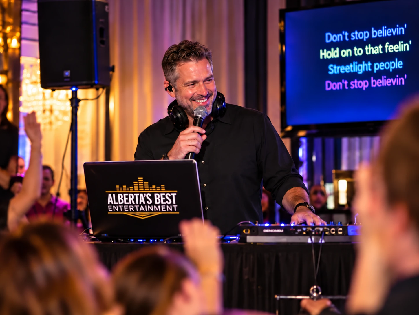 Professional karaoke host with microphone and guests at a live event