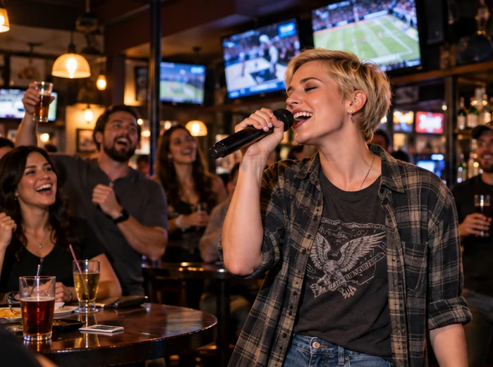 Friends enjoying hosted karaoke at a casual sports bar