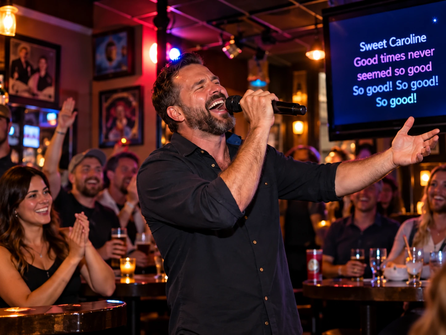 Woman singing at a relaxed sports bar karaoke night