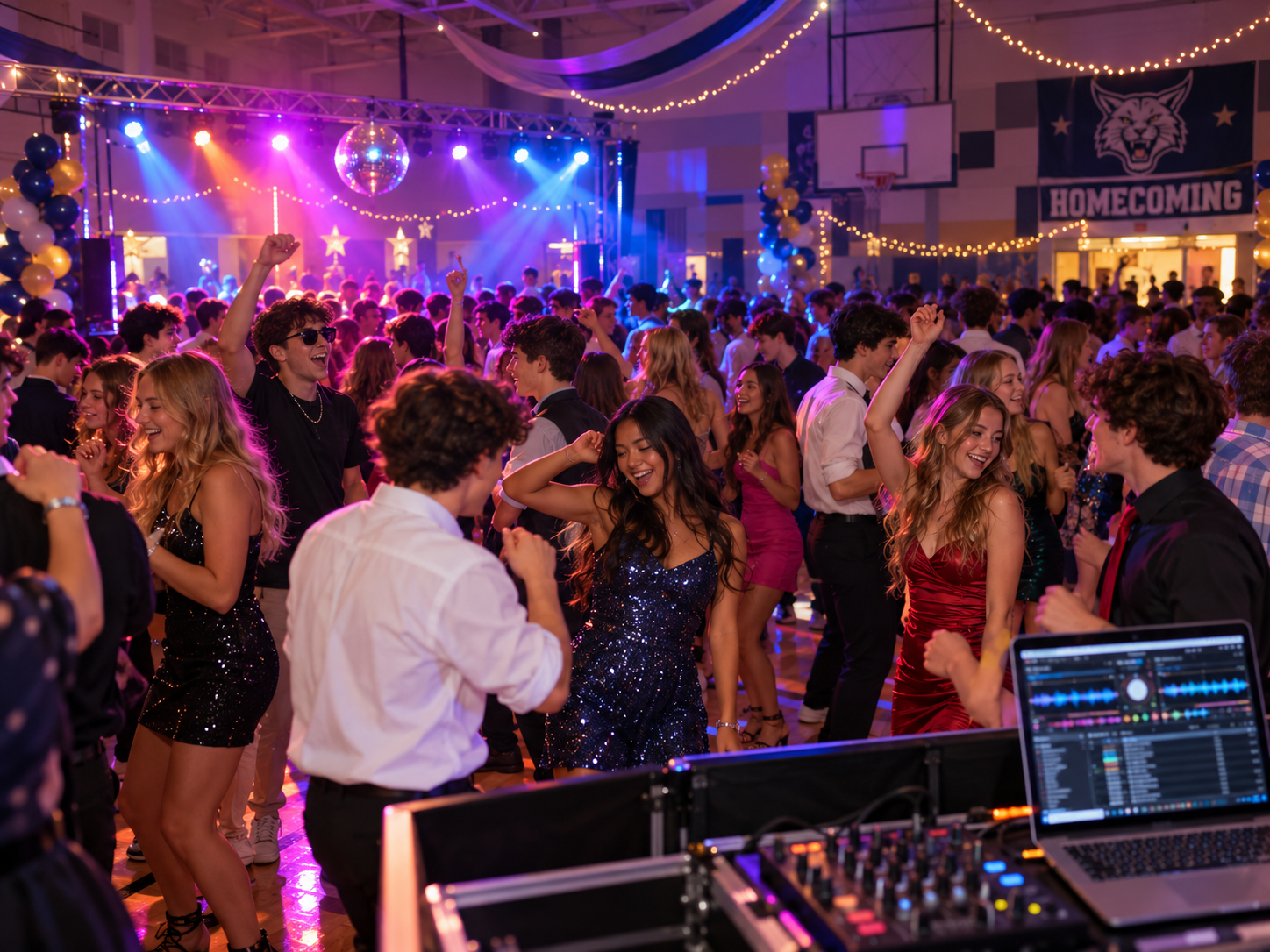 Students enjoying a high school dance with colourful event lighting