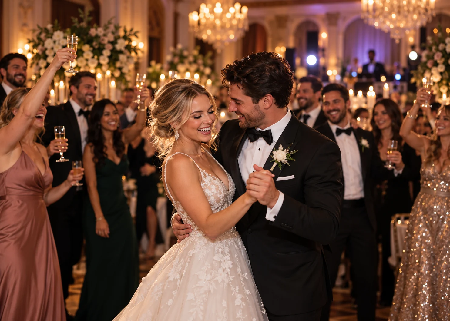 Wedding couple sharing their first dance during a reception