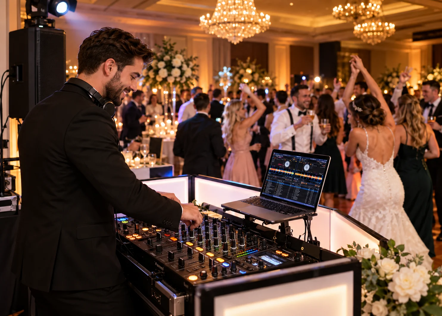 Wedding DJ using a four-channel mixer and laptop at a ballroom reception