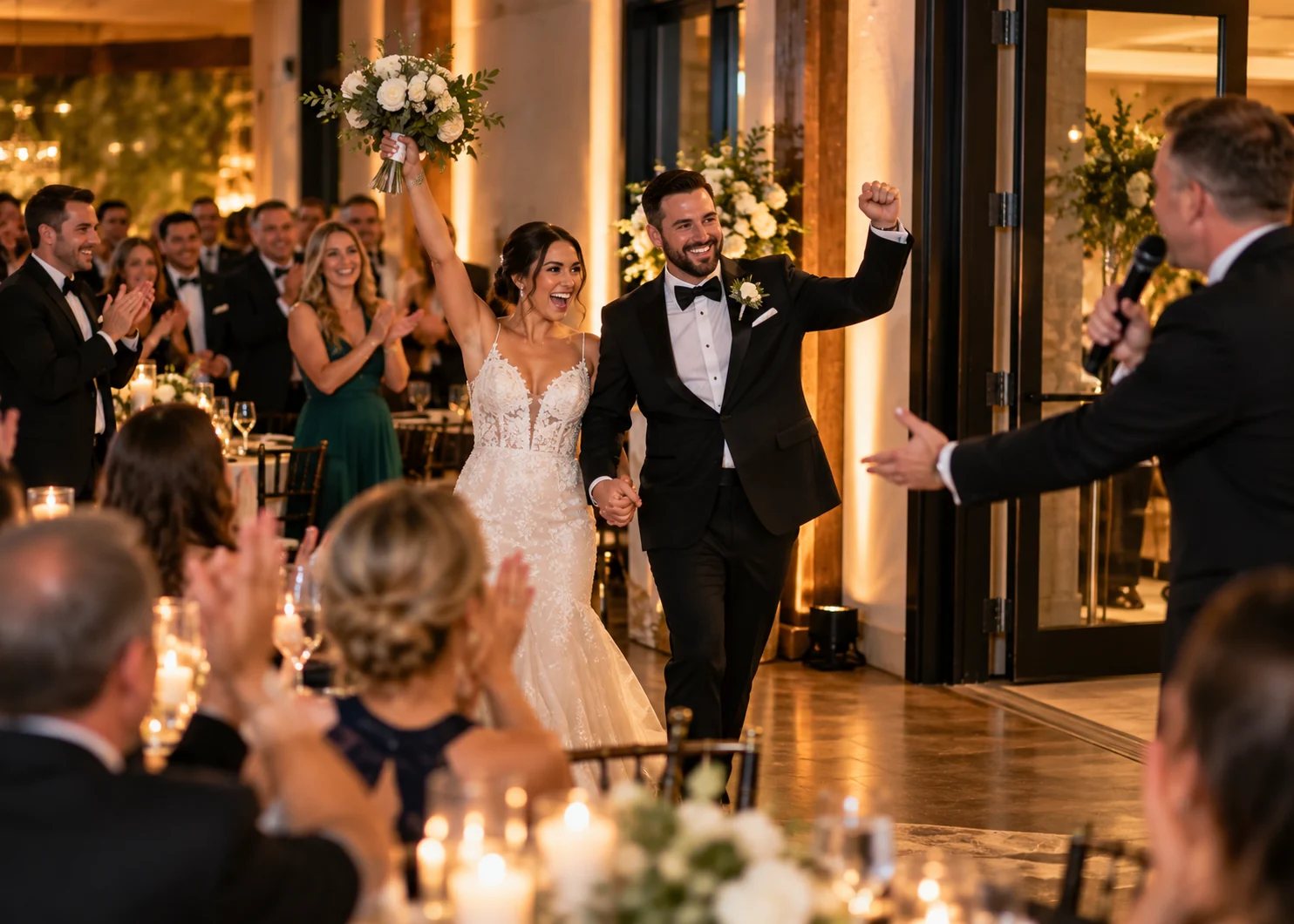 Wedding reception grand entrance with DJ music and guests celebrating