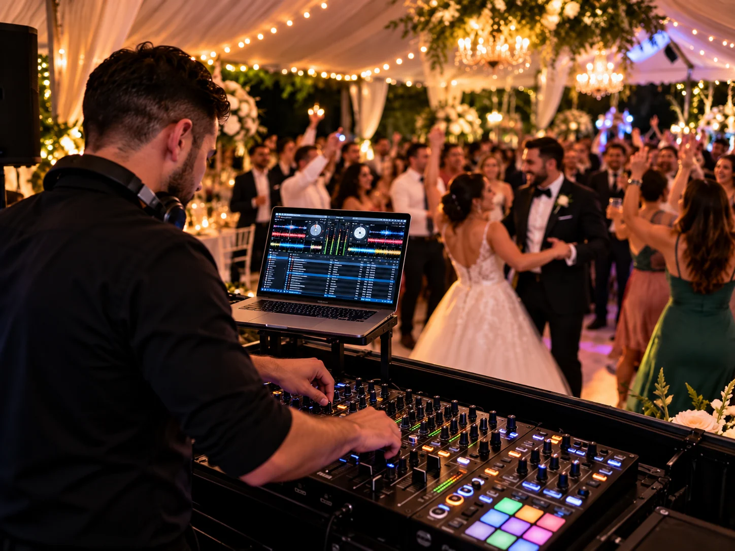 Wedding DJ music and dancing at an outdoor tented reception